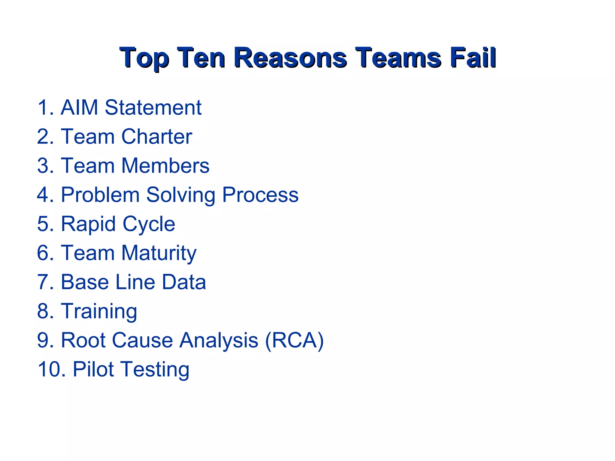 Top Ten Reasons Teams Fail 1. AIM Statement  2. Team Charter  3. Team Members  4. Problem Solving Process  5. Rapid Cycle  6. Team Maturity 7. Base Line Data 8. Training 9. Root Cause Analysis (RCA)  10. Pilot Testing 