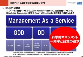 分散アジャイル開発プロセスのコンセプト

 コンセプトの特徴
     アジャイル開発コンセプトGDD（GUI Driven Development），分散開発コンセプトDD
    （Distributed Development）にTOC（Theory of Constraints：制約理論）を融合したもの



         Management As a Service

                     GDD                               DD                           TOC
                                                                        科学的マネジメント
                                                  Inter-
                                                                        ＝効率と品質の追求
                                         Just                                           Release      Quality
       SCRUM                  FDD                communi        ACM           JIT
                                        Enough                                           Buffer       Gate
                                                  cation


                   GDD: GUI Driven Development FDD: Feature Driven Development DD: Distributed Development
                   ACM: Asynchronous Change Management TOC: Theory of Constraints JIT: Just-In-Time
Copyright © 2011 NTT DATA CORPORATION                                                                          16
 