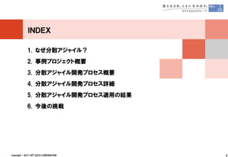 ＩＮＤＥＸ

             1. なぜ分散アジャイル？
             2. 事例プロジェクト概要
             3. 分散アジャイル開発プロセス概要
             4. 分散アジャイル開発プロセス詳細
             5. 分散アジャイル開発プロセス適用の結果
             6. 今後の挑戦




Copyright © 2011 NTT DATA CORPORATION   1
 