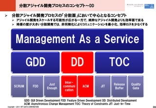 分散アジャイル開発プロセスのコンセプト～DD

 分散アジャイル開発プロセスの「分散面」において中心となるコンセプト
     アジャイル開発をスケールする可能性が広がる一方で，純粋なアジャイル開発よりも効率面で务る
     時差の壁が大きい分散開発では，非同期化によりコミュニケーションを最小化，効率ロスを少なくする




         Management As a Service

                     GDD                               DD                           TOC
                                                  Inter-
                                         Just                                           Release      Quality
       SCRUM                  FDD                communi        ACM           JIT
                                        Enough                                           Buffer       Gate
                                                  cation


                   GDD: GUI Driven Development FDD: Feature Driven Development DD: Distributed Development
                   ACM: Asynchronous Change Management TOC: Theory of Constraints JIT: Just-In-Time
Copyright © 2011 NTT DATA CORPORATION                                                                          26
 