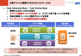 分散アジャイル開発プロセスのコンセプト～ACM

 Code Ownership Mode / Code Sharing Mode
   開発を止めないための仕組み
   スプリント期間中＝コード占有型 ⇔ スプリント完了後＝コード共有型
   自拠点開発フィーチャに関係するコードを所有
   フィーチャ（コード）の品質保証責任の明確化

     要件定義                                            スプリント開発                            要件定義
（Code Sharing Mode）                              （Code Ownership Mode）             （Code Sharing Mode）

                                          Code       Continuous            Code
              JAPAN                       Base       Integration           Base
                                                                                                   Next Sprint
                                                         Code        Continuous         Code
                 Code
                                                         Base        Integration        Base
                 Base

                                                       Continuous                    Integration
                INDIA                    Code                             Code
                                         Base          Integration        Base

               【ワンポイント】 楽観モデルに基づき，スプリント開始後はあまりインタフェース変更は起らない，
                                最終的にインテグレーション時にコンフリクトはあまり発生しないと考える．
 Copyright © 2011 NTT DATA CORPORATION                                                                           30
 