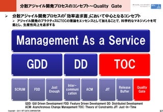 分散アジャイル開発プロセスのコンセプト～Ｑｕａｌｉｔｙ Ｇａｔｅ

 分散アジャイル開発プロセスの「効率追求面」において中心となるコンセプト
     アジャイル開発のプラクティスにTOCの理論をエッセンスとして加えることで，科学的なマネジメントを可
    能とし，生産性向上を追求する




         Management As a Service

                     GDD                               DD                           TOC
                                                  Inter-
                                         Just                                           Release      Quality
       SCRUM                  FDD                communi        ACM           JIT
                                        Enough                                           Buffer       Gate
                                                  cation


                   GDD: GUI Driven Development FDD: Feature Driven Development DD: Distributed Development
                   ACM: Asynchronous Change Management TOC: Theory of Constraints JIT: Just-In-Time
Copyright © 2011 NTT DATA CORPORATION                                                                          37
 