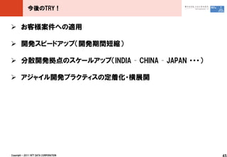 今後のTRY！


 お客様案件への適用

 開発スピードアップ（開発期間短縮）

 分散開発拠点のスケールアップ（INDIA – CHINA – JAPAN ・・・）

 アジャイル開発プラクティスの定着化・横展開




Copyright © 2011 NTT DATA CORPORATION         45
 
