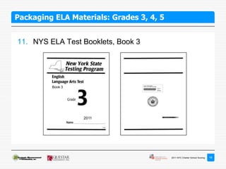 Packaging ELA Materials: Grades 3, 4, 5


11. NYS ELA Test Booklets, Book 3




         Book 3




                  2011




                                          2011 NYC Charter School Scoring   13
 