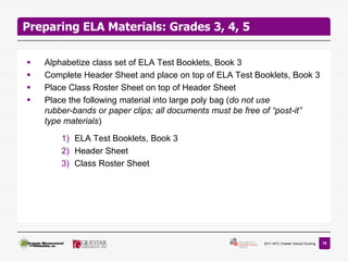 Preparing ELA Materials: Grades 3, 4, 5

   Alphabetize class set of ELA Test Booklets, Book 3
   Complete Header Sheet and place on top of ELA Test Booklets, Book 3
   Place Class Roster Sheet on top of Header Sheet
   Place the following material into large poly bag (do not use
    rubber-bands or paper clips; all documents must be free of “post-it”
    type materials)

        1) ELA Test Booklets, Book 3
        2) Header Sheet
        3) Class Roster Sheet




                                                          2011 NYC Charter School Scoring   18
 