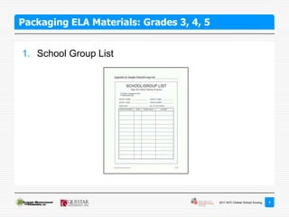 Packaging ELA Materials: Grades 3, 4, 5


1. School Group List




                                          2011 NYC Charter School Scoring   3
 