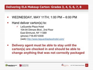 Delivering ELA Makeup Carton: Grades 3, 4, 5, 6, 7, 8


   WEDNESDAY, MAY 11TH; 1:00 PM – 6:00 PM
   Hand deliver carton(s) to:
        LaGuardia Plaza Hotel
         104-04 Ditmars Blvd., 2nd Floor
         East Elmhurst, NY 11369
         (phone) 718-457-6300
         (web) http://www.laguardiaplazahotel.com/

   Delivery agent must be able to stay until the
    carton(s) are checked in and should be able to
    change anything that was not correctly packaged


                                                     2011 NYC Charter School Scoring   38
 