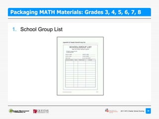 Packaging MATH Materials: Grades 3, 4, 5, 6, 7, 8


1. School Group List




                                         2011 NYC Charter School Scoring   39
 