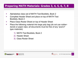 Preparing MATH Materials: Grades 3, 4, 5, 6, 7, 8

   Alphabetize class set of MATH Test Booklets, Book 2
   Complete Header Sheet and place on top of MATH Test
    Booklets, Book 2
   Place Class Roster Sheet on top of Header Sheet
   Place the following material into large poly bag (do not use rubber-
    bands or paper clips; all documents must be free of any “post-it”
    type materials)

        1) MATH Test Booklets, Book 2
        2) Header Sheet
        3) Class Roster Sheet




                                                              2011 NYC Charter School Scoring   50
 
