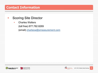 Contact Information


   Scoring Site Director
       Charles Walters
        (toll free) 877.782.8269
        (email) charlesw@smeasurement.com




                                            2011 NYC Charter School Scoring   56
 