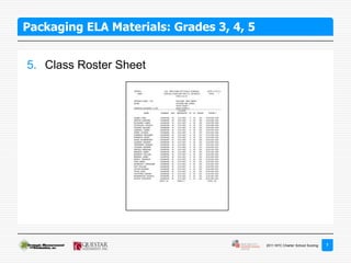Packaging ELA Materials: Grades 3, 4, 5


5. Class Roster Sheet




                                          2011 NYC Charter School Scoring   7
 