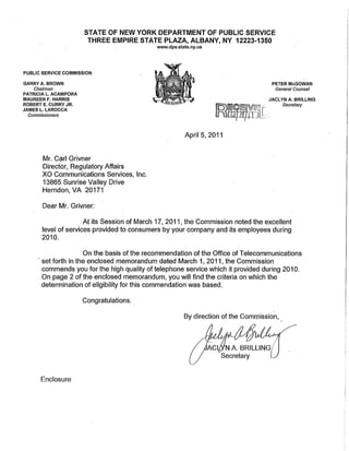 Commendation from the New York Public Service Commission for Excellent Quality of Service 2010