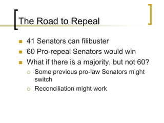 The Road to Repeal41 Senators can filibuster60 Pro-repeal Senators would winWhat if there is a majority, but not 60?Some previous pro-law Senators might switchReconciliation might work