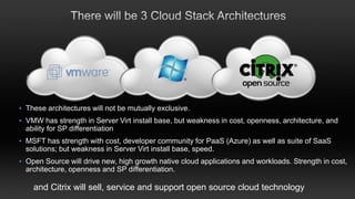 • These architectures will not be mutually exclusive.
• VMW has strength in Server Virt install base, but weakness in cost, openness, architecture, and
  ability for SP differentiation
• MSFT has strength with cost, developer community for PaaS (Azure) as well as suite of SaaS
  solutions; but weakness in Server Virt install base, speed.
• Open Source will drive new, high growth native cloud applications and workloads. Strength in cost,
  architecture, openness and SP differentiation.

    and Citrix will sell, service and support open source cloud technology
 