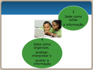 3 Sabe como achar a informação 4 Sabe como organizar,  analisar, interpretar e  avaliar a informação 