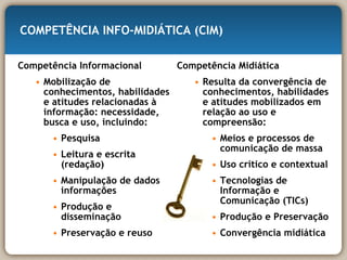 COMPETÊNCIA INFO-MIDIÁTICA (CIM) Competência Informacional Mobilização de conhecimentos, habilidades e atitudes relacionadas à informação: necessidade, busca e uso, incluindo: Pesquisa Leitura e escrita (redação) Manipulação de dados e informações Produção e disseminação Preservação e reuso Competência Midiática Resulta da convergência de conhecimentos, habilidades e atitudes mobilizados em relação ao uso e compreensão: Meios e processos de comunicação de massa Uso crítico e contextual Tecnologias de Informação e Comunicação (TICs) Produção e Preservação Convergência midiática 