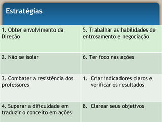 Estratégias 1. Obter envolvimento da Direção 5. Trabalhar as habilidades de entrosamento e negociação 2. Não se isolar 6. Ter foco nas ações 3. Combater a resistência dos professores Criar indicadores claros e verificar os resultados 4. Superar a dificuldade em traduzir o conceito em ações 8.  Clarear seus objetivos 