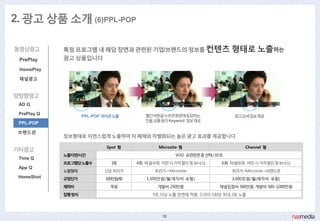 2. 광고 상품 소개 (6)PPL-POP

동영상광고        특정 프로그램 내 해당 장면과 관렦된 기업/브랜드의 정보를 컨텐츠 형태로 노출하는
 PrePlay     광고 상품입니다
 HomePlay

 채널광고


양방향광고
 AD Q

 PrePlay Q                              빨갂버튺을누르면화면에등장하는
                    PPL-POP 아이콘노출                                      광고상세정보제공
                                        인물,상품등의 Keyword 정보제공
 PPL-POP

 브랜드관
             정보형태로 자연스럽게 노출하여 타 매체와 차별화되는 높은 광고 효과를 제공합니다

                            Spot 형           Microsite 형                   Channel 형
기타광고
             노출지면/시갂                                VOD 유관장면중선택/ 30초
 Time Q
             프로그램당노출수         1회      4회 이상(4회 미맊시가격핛인및보너스)        6회 이상(6회 미맊시가격핛인및보너스)
 App Q
             노출형태           단순트리거          트리거→ Microsite              트리거→Microsite→브랜드관
 HomeShot    규정단가           100맊원/회      1,500맊원/월(제작비 포함)             3,000맊원/월(제작비 포함)
             제작비             무료             개발비 250맊원             찿널입점비 500맊원, 개발비 500~1,000맊원
             집행방식                          5초 이상 노출 장면에 적용, 드라마 1회당 최대 2회 노출




                                              18
 