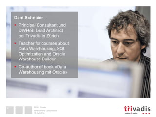Dani Schnider 
 Principal Consultant und 
DWH/BI Lead Architect 
bei Trivadis in Zürich 
 Teacher for courses about 
Dat...