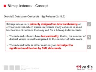 Bitmap Indexes – Concept 
Oracle® Database Concepts 11g Release 2 (11.2) 
2014 © Trivadis 
Data Warehouseing & Bitmap Inde...