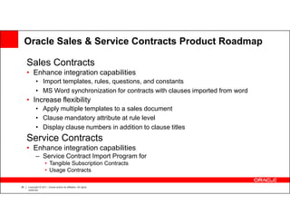 Oracle Sales & Service Contracts Product Roadmap

     Sales Contracts
     • Enhance integration capabilities
            • Import templates, rules, questions, and constants
            • MS Word synchronization for contracts with clauses imported from word
     • Increase flexibility
            • Apply multiple templates to a sales document
            • Clause mandatory attribute at rule level
            • Display clause numbers in addition to clause titles
     Service Contracts
     • Enhance integration capabilities
            – Service Contract Import Program for
                     • Tangible Subscription Contracts
                     • Usage Contracts

26   Copyright © 2011, Oracle and/or its affiliates. All rights
     reserved.
 