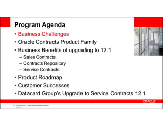 Program Agenda
    • Business Challenges
    • Oracle Contracts Product Family
    • Business Benefits of upgrading to 12.1
          – Sales Contracts
          – Contracts Repository
          – Service Contracts
    • Product Roadmap
    • Customer Successes
    • Datacard Group’s Upgrade to Service Contracts 12.1
6   Copyright © 2011, Oracle and/or its affiliates. All rights
    reserved.
 