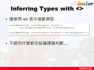 Inferring Types with <>
• 僅使用 <> 表示推斷類型




• 不過別什麼都交給編譯器判斷....
 