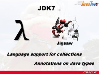 JDK7 ...



  λ                  Jigsaw

Language support for collections

           Annotations on Java types
 