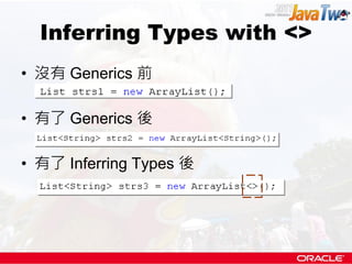 Inferring Types with <>
• 沒有 Generics 前

• 有了 Generics 後

• 有了 Inferring Types 後
 