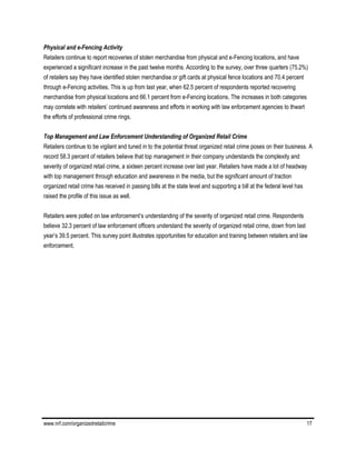 www.nrf.com/organizedretailcrime 17
Physical and e-Fencing Activity
Retailers continue to report recoveries of stolen merchandise from physical and e-Fencing locations, and have
experienced a significant increase in the past twelve months. According to the survey, over three quarters (75.2%)
of retailers say they have identified stolen merchandise or gift cards at physical fence locations and 70.4 percent
through e-Fencing activities. This is up from last year, when 62.5 percent of respondents reported recovering
merchandise from physical locations and 66.1 percent from e-Fencing locations. The increases in both categories
may correlate with retailers’ continued awareness and efforts in working with law enforcement agencies to thwart
the efforts of professional crime rings.
Top Management and Law Enforcement Understanding of Organized Retail Crime
Retailers continue to be vigilant and tuned in to the potential threat organized retail crime poses on their business. A
record 58.3 percent of retailers believe that top management in their company understands the complexity and
severity of organized retail crime, a sixteen percent increase over last year. Retailers have made a lot of headway
with top management through education and awareness in the media, but the significant amount of traction
organized retail crime has received in passing bills at the state level and supporting a bill at the federal level has
raised the profile of this issue as well.
Retailers were polled on law enforcement’s understanding of the severity of organized retail crime. Respondents
believe 32.3 percent of law enforcement officers understand the severity of organized retail crime, down from last
year’s 39.5 percent. This survey point illustrates opportunities for education and training between retailers and law
enforcement.
 