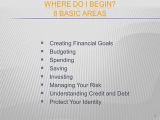    Creating Financial Goals
   Budgeting
   Spending
   Saving
   Investing
   Managing Your Risk
   Understanding Credit and Debt
   Protect Your Identity

                                    3
 