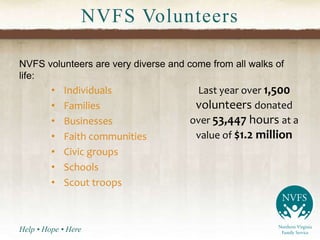 NVFS VolunteersNVFS volunteers are very diverse and come from all walks of life:  Individuals