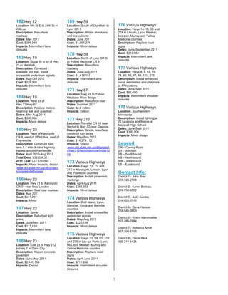 162 Hwy 12                         169 Hwy 59
Location: 6th St E to 24th St in   Location: South of Clarkfield to       176 Various Highways
Willmar                            Lyon CR 3                              Location: Hwys 14, 15, 59 and
Description: Resurface             Description: Widen shoulders           274 in Lincoln, Lyon, Meeker,
roadway                            and line culverts                      McLeod, Murray and Yellow
Dates: May 2011                    Dates: June 2011                       Medicine counties
Cost: $389,049                     Cost: $1,051,279                       Description: Replace road
Impacts: Intermittent lane         Impacts: Minor delays                  signs
closures                                                                  Dates: June-September 2011
                                   170 Hwy 59                             Cost: $313,554
163 Hwy 19                                                                Impacts: Intermittent lane
                                   Location: North of Lyon CR 33
                                                                          closures
Location: Bruce St to jct of Hwy   to Yellow Medicine CR 3
23 in Marshall                     Description: Resurface
Description: Construct             roadway                                177 Various Highways
sidewalk and trail, install        Dates: June-Aug 2011                   Location: Hwys 4, 9, 14, 19,
accessible pedestrian signals      Cost: $1,419,157                       24, 40, 59, 67, 68, 119, 275
Dates: Aug-Oct 2011                Impacts: Intermittent lane             Description: Install enhanced
Cost: $225,000                     closures                               curve delineation and chevrons
Impacts: Intermittent lane                                                at 47 locations
closures                           171 Hwy 67                             Dates: June-Sept 2011
                                                                          Cost: $80,000
                                   Location: Hwy 23 to Yellow
164 Hwy 19                                                                Impacts: Intermittent shoulder
                                   Medicine River Bridge
                                                                          closures
Location: West jct of              Description: Resurface road
Hwy 71/Hwy 67                      Dates: Summer 2011
Description: Restore historic      Cost: $2.9 million                     178 Various Highways
retaining wall and guardrail       Impacts: Detour                        Location: Southwestern
Dates: May-Aug 2011                                                       Minnesota
Cost: $300,904                     172 Hwy 212                            Description: Install lighting at
Impacts: Minor delays                                                     22 locations and flasher at
                                   Location: Renville CR 16 near
                                                                          Marshall High School
                                   Hector to Hwy 22 near Glencoe
165 Hwy 23                                                                Dates: June-Sept 2011
                                   Description: Grade, resurface,
                                                                          Cost: $330,000
Location: West of Kandiyohi        construct turn lanes
                                                                          Impacts: Minor delays
CR 6, west of 263rd Ave, east of   Dates: May-Nov 2011
Paynesville                        Cost: $14,379,112
Description: Construct four-       Impacts: Detour                        Legend:
                                                                          U




lane 7.7 mile divided highway       www.dot.state.mn.us/d8/project
                                   HU                                     CR – County Road
bypass around Paynesville          s/hwy212hectorglencoe/index.ht         Jct – Junction
Dates: April 2010-Aug 2012         ml   U                                 SB – Southbound
Total Cost: $32,204,311                                                   NB – Northbound
2011 Cost: $12,570,000             173 Various Highways                   WB – Westbound
Impacts: Minor impacts, detour                                            EB – Eastbound
                                   Location: Hwys 23, 71, and
 www.dot.state.mn.us/d8/project
                                   212 in Kandiyohi, Lincoln, Lyon
HU




s/paynesvillebypass/                                                      Contact Info:
                                   and Pipestone counties
                     U


                                                                          U




                                   Description: Install pavement          District 1 - John Bray
166 Hwy 23                         markings                               218-725-2708
Location: Hwy 71 to Kandiyohi      Dates: April-Aug 2011
CR 31 near New London              Cost: $353,583                         District 2 - Karen Bedeau
Description: Seal coat roadway     Impacts: Minor delays                  218-755-6552
Dates: Aug 2011
Cost: $441,891                     174 Various Highways                   District 3 - Judy Jacobs
Impacts: Minor                                                            218-828-5706
                                   Location: Bird Island, Lyon,
                                   Marshall, Olivia and Renville
167 Hwy 23                                                                District 4 - Dana Hanson
                                   counties
                                                                          218-846-3609
Location: Spicer                   Description: Install accessible
Description: Refurbish light       pedestrian signals
                                                                          District 6 - Kristin Kammueller
poles                              Dates: May-Aug 2011
                                                                          507-286-7684
Dates: June-Nov 2011               Cost: $225,759
Cost: $117,918                     Impacts: Minor delays
                                                                          District 7 - Rebecca Arndt
Impacts: Intermittent lane
                                                                          507-304-6106
closures                           175 Various Highways
                                   Location: Hwys 22, 59, 91, 212         District 8 - Diane Beck
168 Hwy 23                         and 275 in Lac qui Parle, Lyon,        320-214-6421
Location: East jct of Hwy 212      McLeod, Meeker, Murray and
to Hwy 7 in Clara City             Yellow Medicine counties
Description: Repair concrete       Description: Replace road
pavement                           signs
Dates: June-Aug 2011               Dates: April-June 2011
Cost: $2,147,154                   Cost: $211,886
Impacts: Detour                    Impacts: Intermittent shoulder
                                   closures


                                                                      7
 