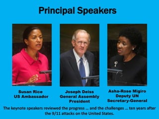 Principal Speakers




      Susan Rice                Joseph Deiss           Asha-Rose Migiro
     US Ambassador            General Assembly            Deputy UN
                                  President            Secretary-General
The keynote speakers reviewed the progress … and the challenges … ten years after
                      the 9/11 attacks on the United States.
 