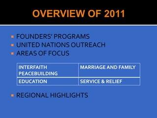    FOUNDERS’ PROGRAMS
   UNITED NATIONS OUTREACH
   AREAS OF FOCUS
    INTERFAITH      MARRIAGE AND FAMILY
    PEACEBUILDING
    EDUCATION       SERVICE & RELIEF

   REGIONAL HIGHLIGHTS
 