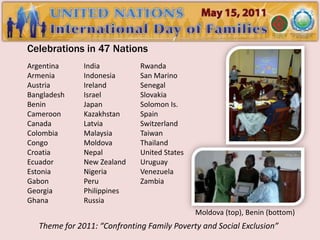 Celebrations in 47 Nations
Argentina      India          Rwanda
Armenia        Indonesia      San Marino
Austria        Ireland        Senegal
Bangladesh     Israel         Slovakia
Benin          Japan          Solomon Is.
Cameroon       Kazakhstan     Spain
Canada         Latvia         Switzerland
Colombia       Malaysia       Taiwan
Congo          Moldova        Thailand
Croatia        Nepal          United States
Ecuador        New Zealand    Uruguay
Estonia        Nigeria        Venezuela
Gabon          Peru           Zambia
Georgia        Philippines
Ghana          Russia
                                              Moldova (top), Benin (bottom)
   Theme for 2011: “Confronting Family Poverty and Social Exclusion”
 