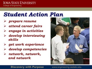 College of Engineering




Student Action Plan
 prepare resume
 attend career fairs
 engage in activities
 develop interviewing
  skills
 get work experience
 develop competencies
 network, network,
  and network

        Discovery with Purpose   www.engineering.iastate.edu
 