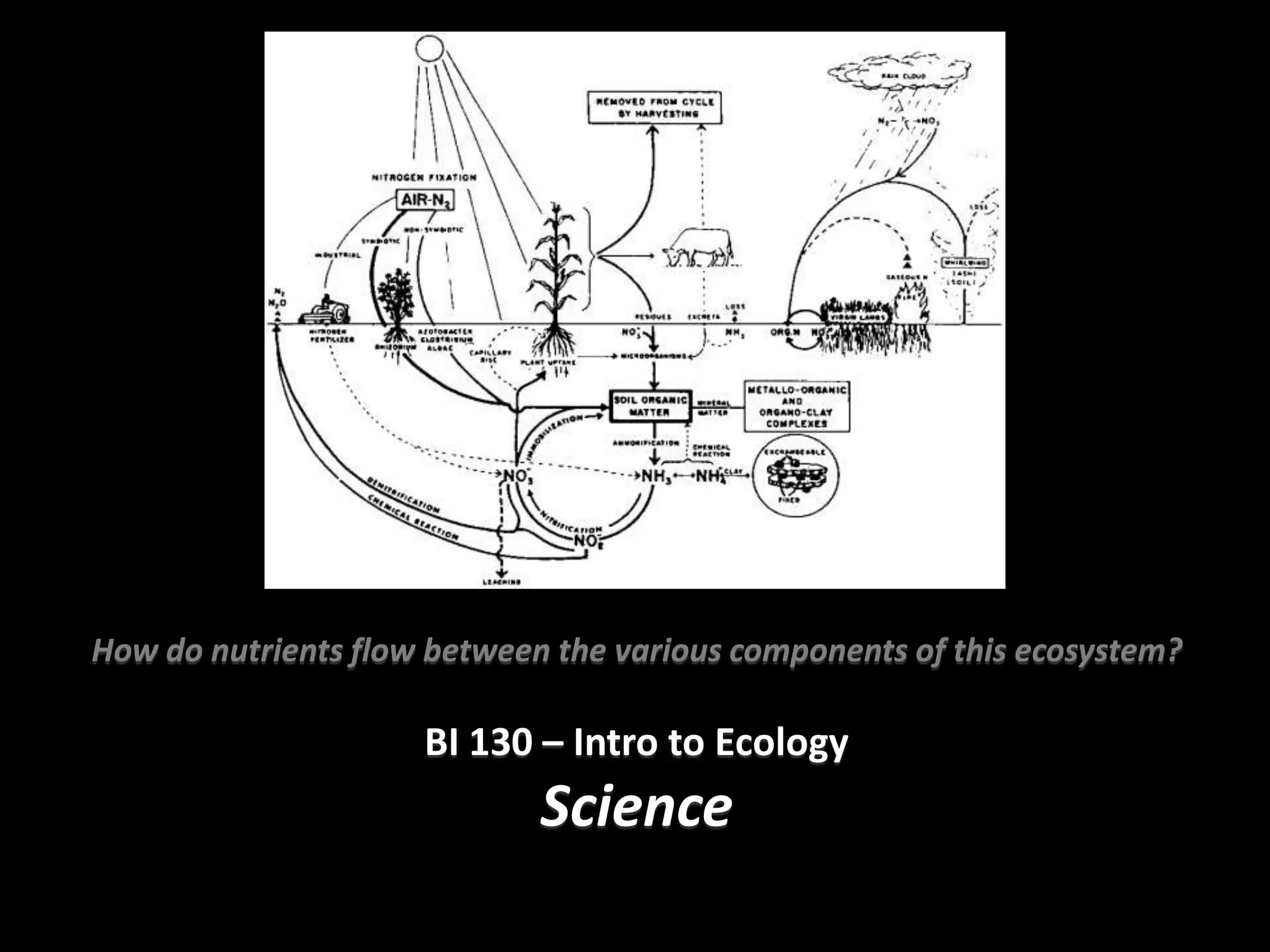 How do nutrients flow between the various components of this ecosystem?

                     BI 130 – Intro to Ecology
                             Science
 