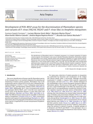 Acta Tropica 118 (2011) 118–122



                                                               Contents lists available at ScienceDirect


                                                                            Acta Tropica
                                            journal homepage: www.elsevier.com/locate/actatropica




Development of PCR–RFLP assay for the discrimination of Plasmodium species
and variants of P. vivax (VK210, VK247 and P. vivax-like) in Anopheles mosquitoes
Gustavo Capatti Cassiano a,∗ , Luciane Moreno Storti-Melo a , Marinete Marins Póvoa b ,
Allan Kardec Ribeiro Galardo c , Andréa Regina Baptista Rossit d,e,f , Ricardo Luiz Dantas Machado d,e
a
  Universidade de São Paulo, Rua Cristóvão Colombo 2265, 15054-000 São José do Rio Preto, São Paulo, Brazil
b
  Laboratório de Pesquisas Básicas em Malária, Secão de Parasitologia, Instituto Evandro Chagas, Secretaria de Vigilância em Saúde, BR316 Km 7, 67030-000 Ananindeua, Pará, Brazil
                                                 ¸
c
  Departamento de Zoologia, Secão de Entomologia Médica, Instituto de Pesquisas Cientíﬁcas e Tecnológicas do Estado do Amapá, Rodovia J.K. Km10, 68912-250 Macapá,
                                ¸
Amapá, Brazil
d
  Centro de Investigacão de Microrganismos, Departamento de Doencas Dermatológicas, Infecciosas e Parasitárias, Faculdade de Medicina de São José do Rio Preto, Avenida Brigadeiro
                     ¸                                              ¸
Faria Lima 5416, 15090-000 São José do Rio Preto, São Paulo, Brazil
e
  Fundacão Faculdade de Medicina de São José do Rio Preto, Avenida Brigadeiro Faria Lima 5544, 15090-000 São José do Rio Preto, São Paulo, Brazil
        ¸
f
  Departamento de Microbiologia e Parasitologia, Instituto Biomédico, Universidade Federal Fluminense, Rua Prof. Hernani de Melo, 101, 24210-130 Niterói, Rio de Janeiro, Brazil




a r t i c l e         i n f o                           a b s t r a c t

Article history:                                        The identiﬁcation of Plasmodium species in Anopheles mosquitoes is an integral component of malaria
Received 7 May 2010                                     control programs. We developed a new assay to identify Plasmodium falciparum, Plasmodium malariae,
Received in revised form 18 February 2011               and Plasmodium vivax variants. Speciﬁc primers were designed to hybridize to CS gene-speciﬁc regions.
Accepted 22 February 2011
                                                        Polymerase chain reaction (PCR) and restriction fragment length polymorphism (RFLP) were used to dis-
Available online 21 March 2011
                                                        tinguish the P. vivax variants VK210, VK247, and P. vivax-like. The new PCR–RFLP assay revealed good
                                                        agreement when compared with a nested PCR using artiﬁcially infected Anopheles mosquitoes. This sen-
Keywords:
                                                        sitive PCR–RFLP method can be useful when detection of Plasmodium species and P. vivax variants is
Malaria diagnosis
Circumsporozoite gene
                                                        required and may be employed to improve the understanding of malaria transmission dynamics by
P. vivax variants                                       Anopheles species.
Anopheles                                                                                                                © 2011 Elsevier B.V. All rights reserved.




1. Introduction                                                                                 For many years, detection of malaria parasites in mosquitoes
                                                                                            was performed by dissection and visualization of the midgut
    The correct identiﬁcation of human-speciﬁc Plasmodium species                           and salivary glands under a microscope. Although microscopic
in the mosquito host is an essential component for planning and                             examination is reliable, it requires fresh material, experienced
monitoring of malaria control activities. Plasmodium vivax is the                           microscopists, and time (Lulu et al., 1997). Another limitation of
predominant species in Brazil (83.5% of all cases), followed by Plas-                       this methodology is that it cannot distinguish among the different
modium falciparum (15.47%), P. vivax–P. falciparum mixed species                            Plasmodium species. The discovery of the speciﬁc CS protein anti-
infections (1.0%), and Plasmodium malariae (0.03%) (Ministério da                           gen was a major breakthrough in this ﬁeld. The sequencing of this
Saúde, 2009). Additionally, the P. vivax circumsporozoite protein                           protein and its corresponding gene revealed the existence of spe-
(CS) genotypes VK210, VK247, and P. vivax-like were reported in                             ciﬁc repetitive sequences for some species of Plasmodium (Ozaki
several areas of the Brazilian Amazon, as were both mono and                                et al., 1983; Dame et al., 1984; Arnot et al., 1985; Lal et al., 1988),
mixed infections (Machado and Póvoa, 2000; Storti-Melo et al.,                              allowing their discrimination by enzyme-linked immunosorbent
2009). The different human malaria species may differ in infectivity                        assay (CS-ELISA) using monoclonal antibodies (Wirtz et al., 1987).
ability of anophelines (Gonzalez-Ceron et al., 1999), transmission                          Although CS-ELISA has been widely used because of its high sensi-
potential, and response to antimalarial drugs (Machado et al., 2003).                       tivity and speciﬁcity (Sattabongkot et al., 2004; Hasan et al., 2009),
Information about the geographical distribution of the parasite and                         there are some limitations, such as overestimation of true salivary
vector species is important for accurate interpretation of epidemi-                         gland infection rates (Robert et al., 1988; Fontenille et al., 2001)
ological data.                                                                              and false–positive results (Hasan et al., 2009). Ryan et al. (2001)
                                                                                            developed a rapid dipstick assay (VecTestTM Malaria), which deter-
                                                                                            mines the presence or absence of speciﬁc CS peptide epitopes of
                                                                                            P. falciparum and VK210 and VK247 P. vivax genotypes, but it is
    ∗ Corresponding author. Tel.: +55 17 3201 5736; fax: +55 17 3201 5736.                  less sensitive compared with the polymerase chain reaction- (PCR-)
      E-mail address: gcapatti@hotmail.com (G.C. Cassiano).                                 assays (Moreno et al., 2004).

0001-706X/$ – see front matter © 2011 Elsevier B.V. All rights reserved.
doi:10.1016/j.actatropica.2011.02.011
 