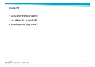 Overzicht


• Een achtergrondperspectief
• Het akkoord in vogelvlucht
• Wat doet u als bestuurder?




MERCER                         1
 