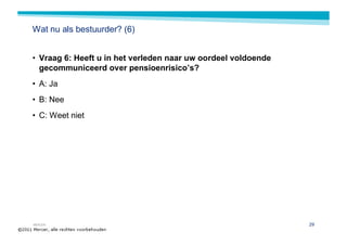 Wat nu als bestuurder? (6)


• Vraag 6: Heeft u in het verleden naar uw oordeel voldoende
  gecommuniceerd over pensioenrisico’s?
• A: Ja
• B: Nee
• C: Weet niet




MERCER                                                         29
 