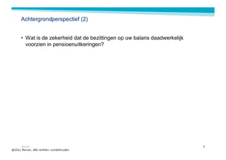 Achtergrondperspectief (2)


• Wat is de zekerheid dat de bezittingen op uw balans daadwerkelijk
  voorzien in pensioenuitkeringen?




MERCER                                                                3
 