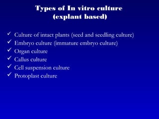 Types of In vitro culture
(explant based)
 Culture of intact plants (seed and seedling culture)
 Embryo culture (immature embryo culture)
 Organ culture
 Callus culture
 Cell suspension culture
 Protoplast culture
 