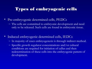 Types of embryogenic cells
• Pre-embryogenic determined cells, PEDCs
– The cells are committed to embryonic development and need
only to be released. Such cells are found in embryonic tissue.
• Induced embryogenic determined cells, IEDCs
– In majority of cases embryogenesis is through indirect method.
– Specific growth regulator concentrations and/or cultural
conditions are required for initiation of callus and then
redetermination of these cells into the embryogenic pattern of
development.
 