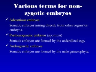 Various terms for non-
zygotic embryos
 Adventious embryos
Somatic embryos arising directly from other organs or
embryos.
 Parthenogenetic embryos (apomixis)
Somatic embryos are formed by the unfertilized egg.
 Androgenetic embryos
Somatic embryos are formed by the male gametophyte.
 