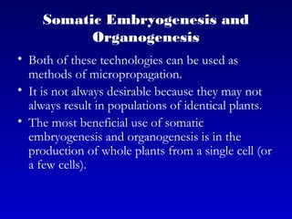 Somatic Embryogenesis and
Organogenesis
• Both of these technologies can be used as
methods of micropropagation.
• It is not always desirable because they may not
always result in populations of identical plants.
• The most beneficial use of somatic
embryogenesis and organogenesis is in the
production of whole plants from a single cell (or
a few cells).
 