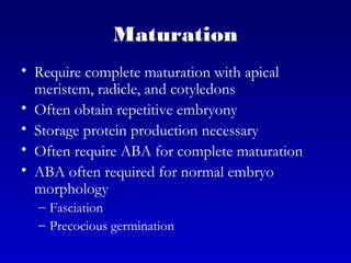 Maturation
• Require complete maturation with apical
meristem, radicle, and cotyledons
• Often obtain repetitive embryony
• Storage protein production necessary
• Often require ABA for complete maturation
• ABA often required for normal embryo
morphology
– Fasciation
– Precocious germination
 