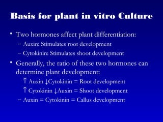 Basis for plant in vitro Culture
• Two hormones affect plant differentiation:
– Auxin: Stimulates root development
– Cytokinin: Stimulates shoot development
• Generally, the ratio of these two hormones can
determine plant development:
↑ Auxin ↓Cytokinin = Root development
↑ Cytokinin ↓Auxin = Shoot development
– Auxin = Cytokinin = Callus development
 