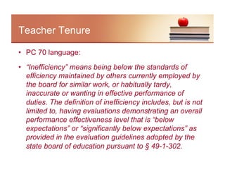 Teacher Tenure

•  PC 70 language:

•  “Inefficiency” means being below the standards of
   efficiency maintained by others currently employed by
   the board for similar work, or habitually tardy,
   inaccurate or wanting in effective performance of
   duties. The definition of inefficiency includes, but is not
   limited to, having evaluations demonstrating an overall
   performance effectiveness level that is “below
   expectations” or “significantly below expectations” as
   provided in the evaluation guidelines adopted by the
   state board of education pursuant to § 49-1-302.
 
