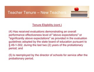 Teacher Tenure – New Teachers


                   Tenure Eligibility (cont.)

(4) Has received evaluations demonstrating an overall
performance effectiveness level of "above expectations" or
"significantly above expectations" as provided in the evaluation
guidelines adopted by the state board of education pursuant to
§ 49-1-302, during the last two (2) years of the probationary
period; and

(5) ls reemployed by the director of schools for service after the
probationary period.
 